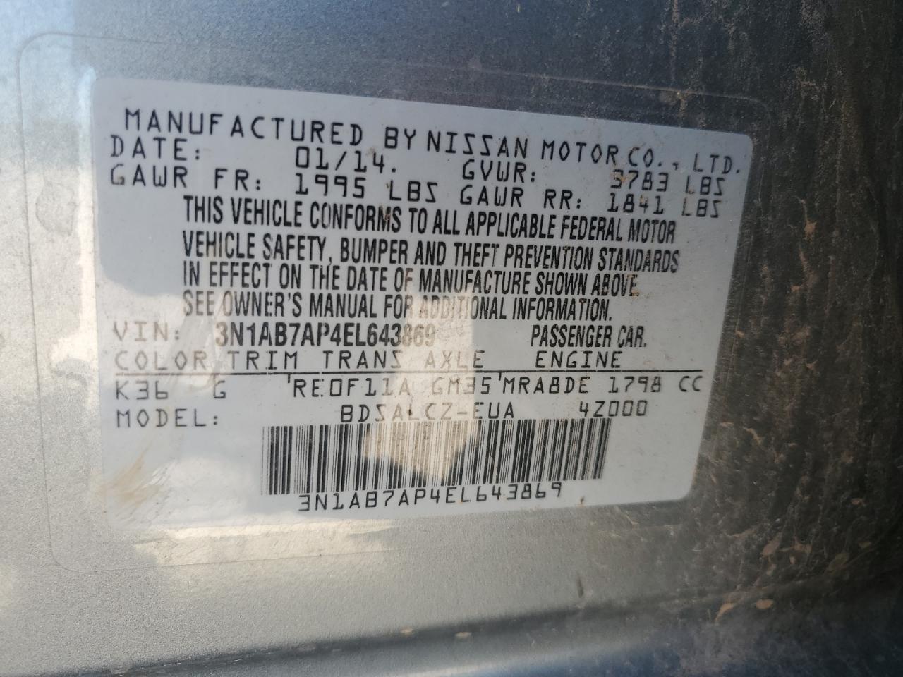 3N1AB7AP4EL643869 2014 Nissan Sentra S