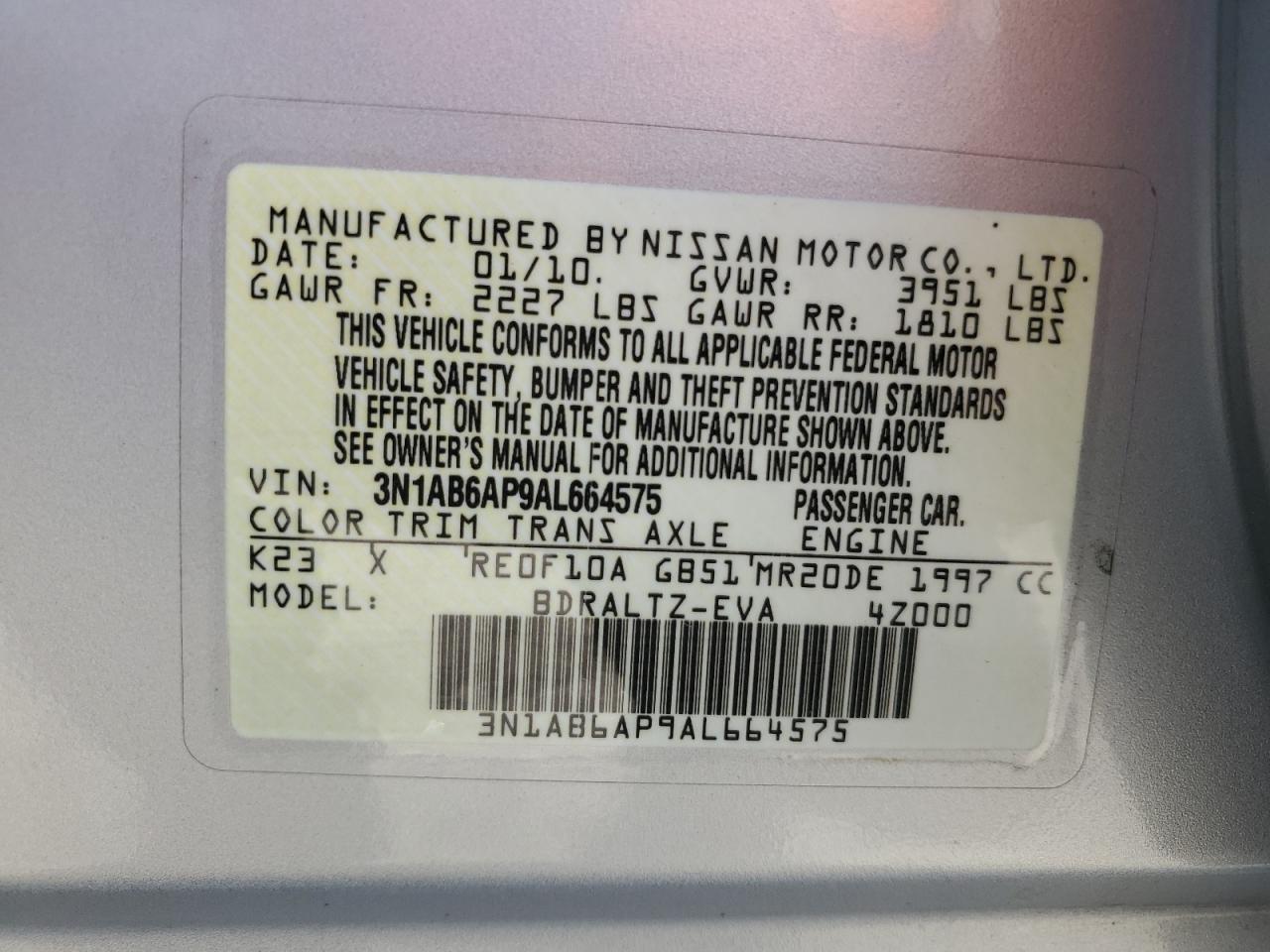 2010 Nissan Sentra 2.0 VIN: 3N1AB6AP9AL664575 Lot: 67071914