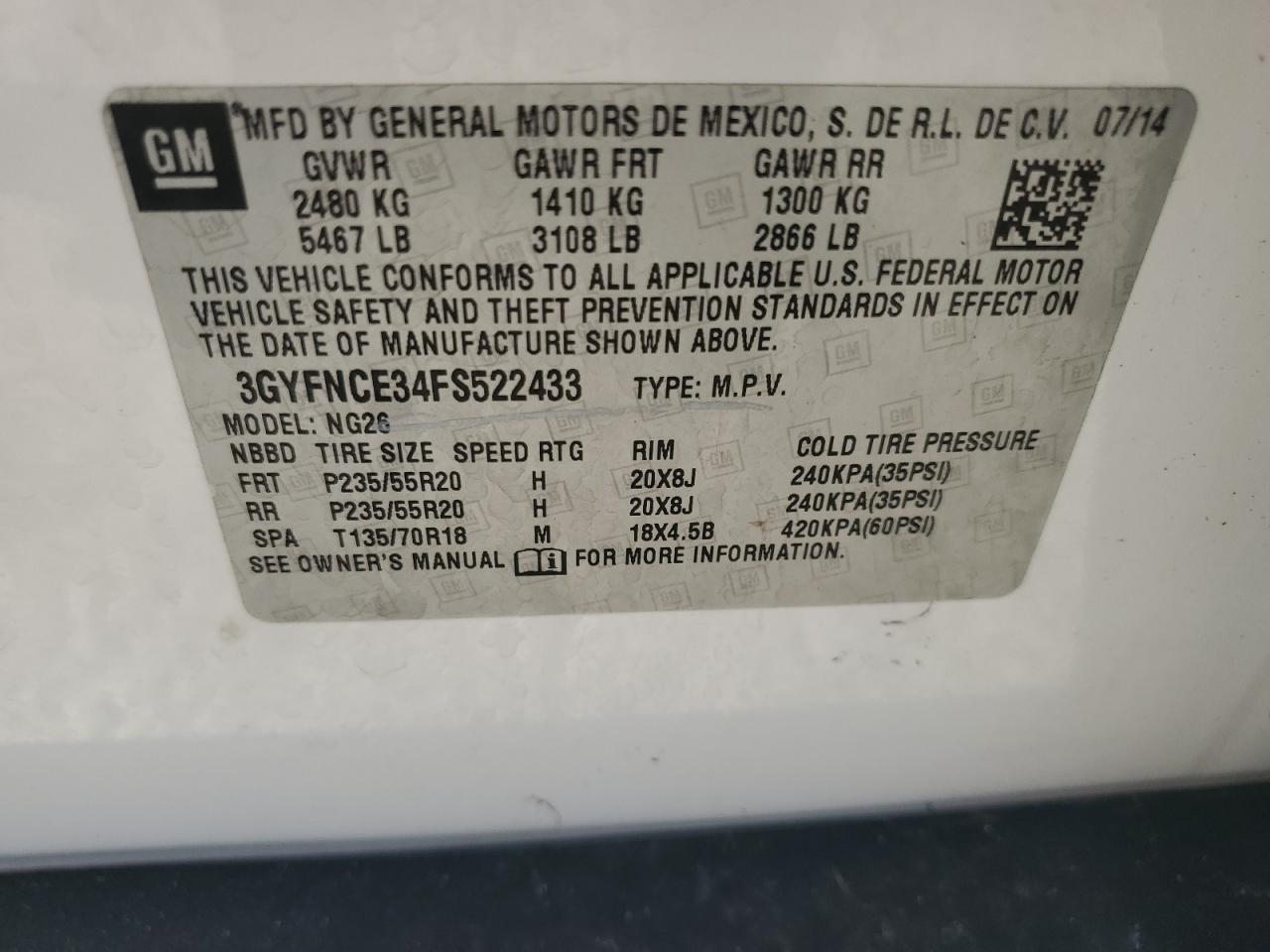 2015 Cadillac Srx Performance Collection VIN: 3GYFNCE34FS522433 Lot: 69197704