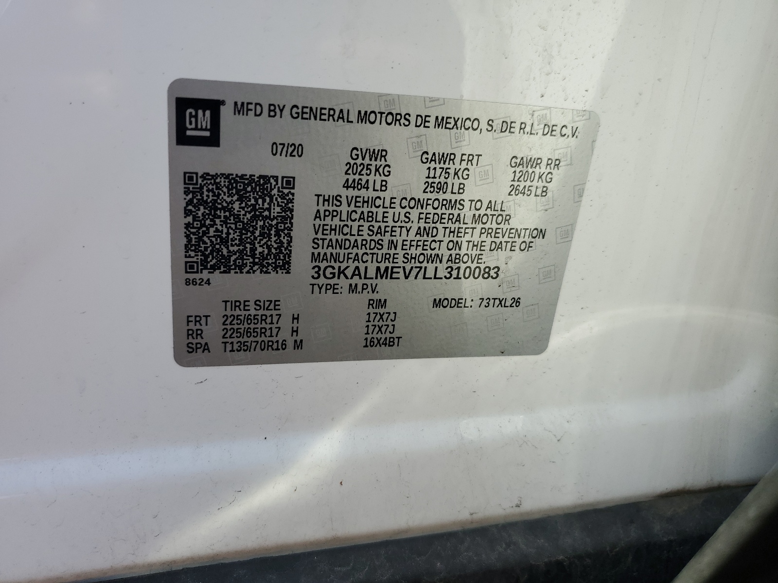 3GKALMEV7LL310083 2020 GMC Terrain Sle