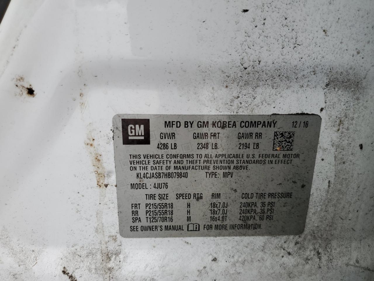 2017 Buick Encore Preferred VIN: KL4CJASB7HB079840 Lot: 65535444