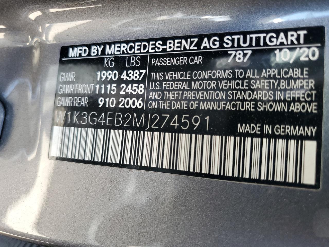 W1K3G4EB2MJ274591 2021 Mercedes-Benz A 220