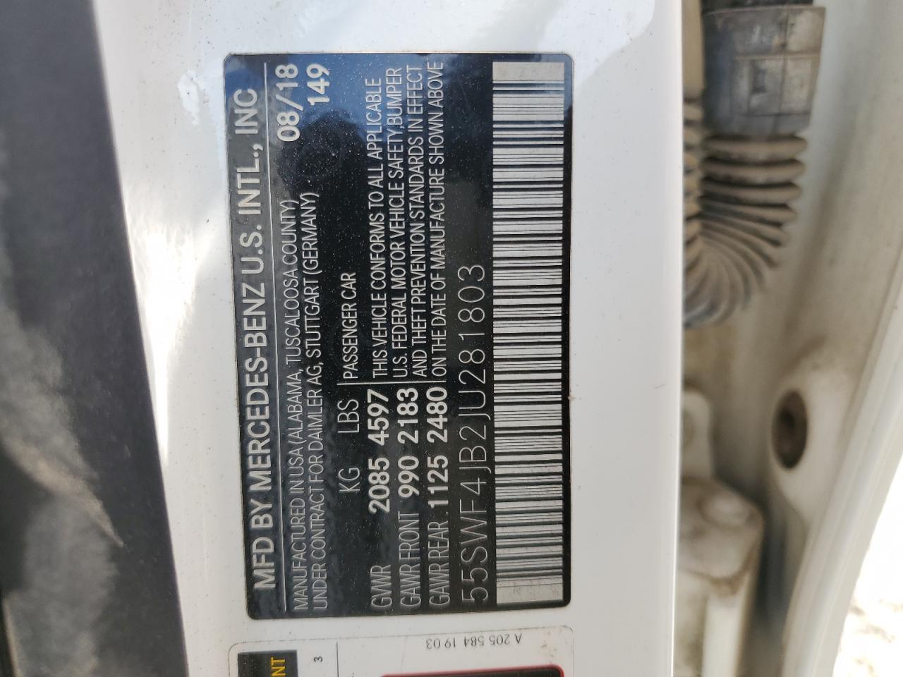 2018 Mercedes-Benz C 300 VIN: 55SWF4JB2JU281803 Lot: 62952214