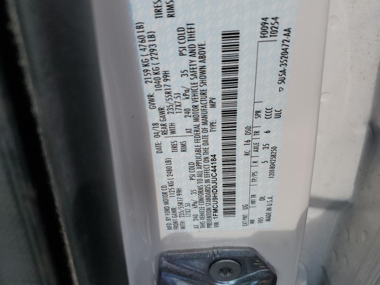 2018 Ford Escape Sel VIN: 1FMCU9HD0JUC44184 Lot: 64463274