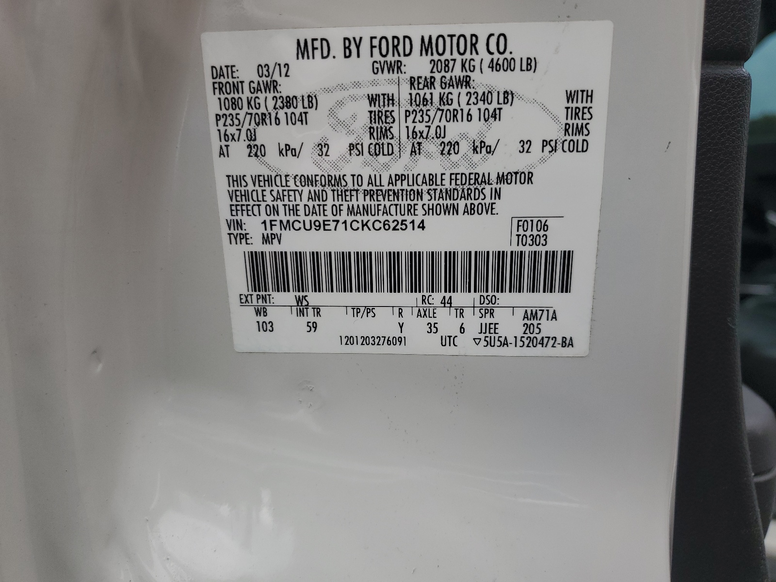 1FMCU9E71CKC62514 2012 Ford Escape Limited