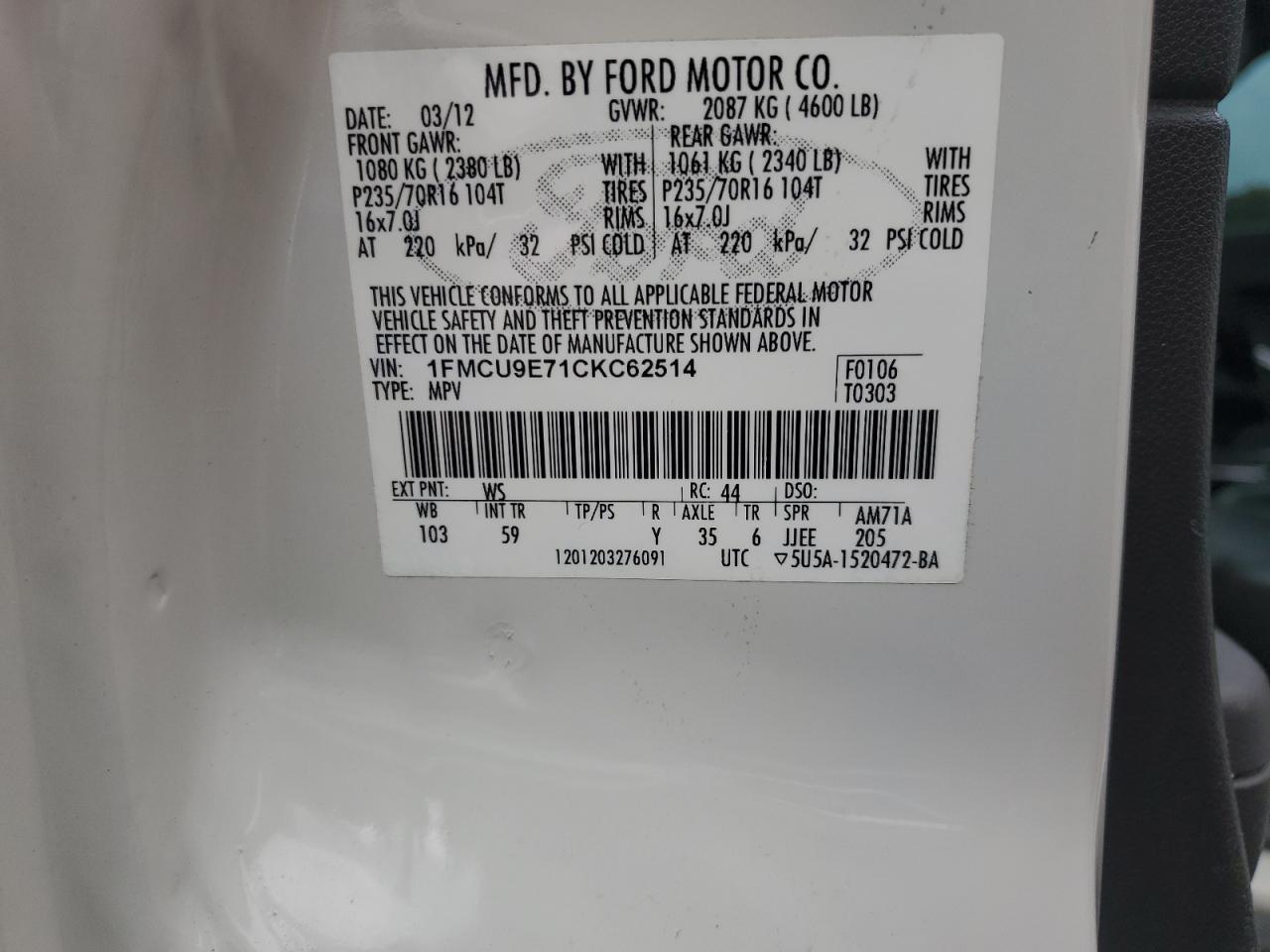 2012 Ford Escape Limited VIN: 1FMCU9E71CKC62514 Lot: 65620894