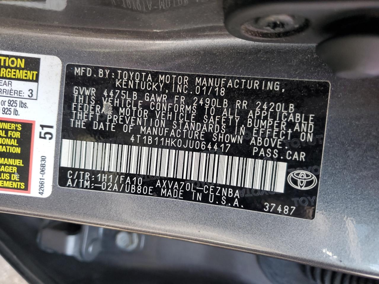 4T1B11HK0JU064417 2018 Toyota Camry L