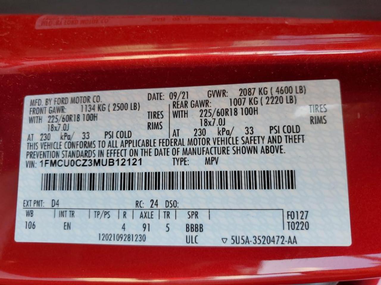 2021 Ford Escape Sel VIN: 1FMCU0CZ3MUB12121 Lot: 67170274