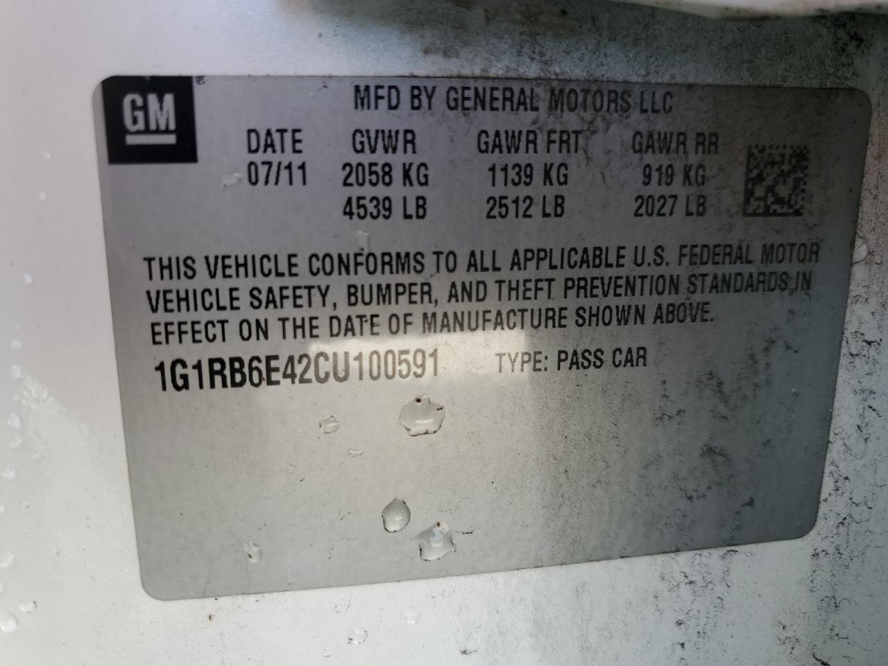 1G1RB6E42CU100591 2012 Chevrolet Volt