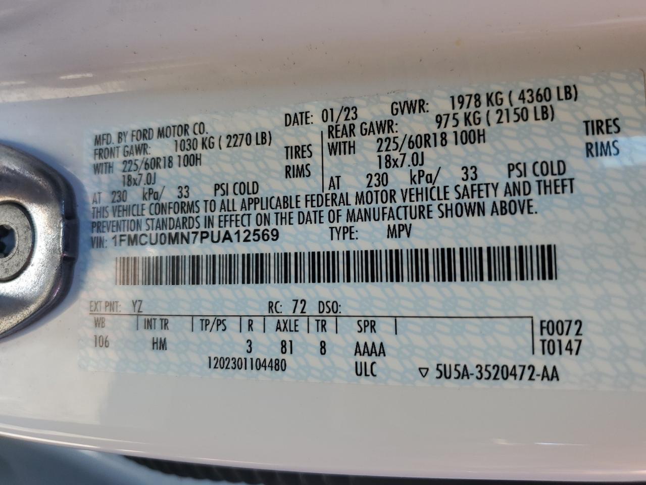 2023 Ford Escape St Line VIN: 1FMCU0MN7PUA12569 Lot: 68798414
