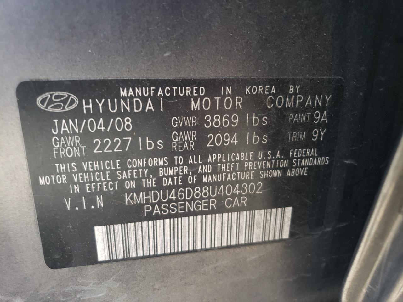 2008 Hyundai Elantra Gls VIN: KMHDU46D88U404302 Lot: 66815044