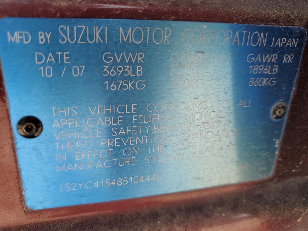 JS2YC415485104443 2008 Suzuki Sx4 Convenience