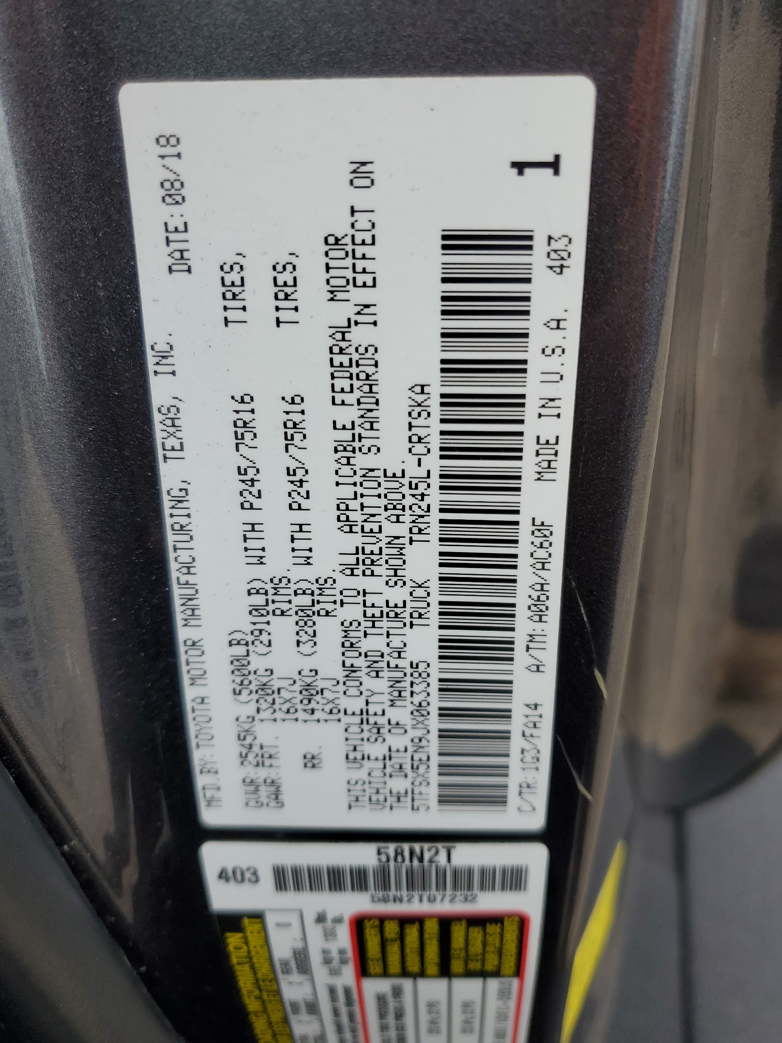 5TFSX5EN9JX063385 2018 Toyota Tacoma Access Cab