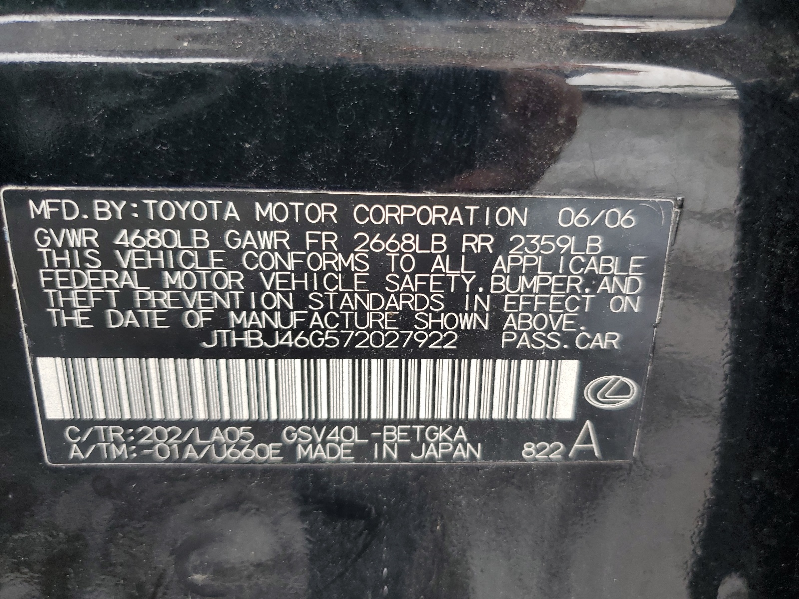 JTHBJ46G572027922 2007 Lexus Es 350