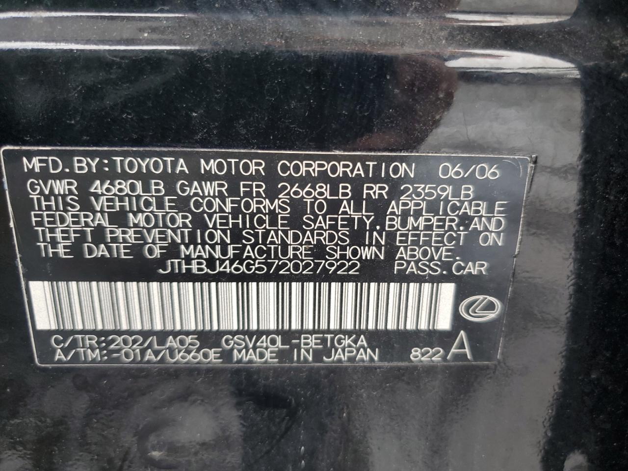 2007 Lexus Es 350 VIN: JTHBJ46G572027922 Lot: 66595334