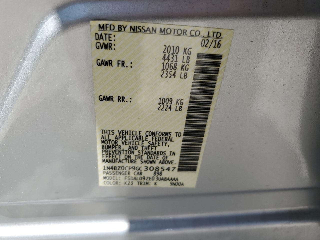 1N4BZ0CP9GC308547 2016 Nissan Leaf Sv