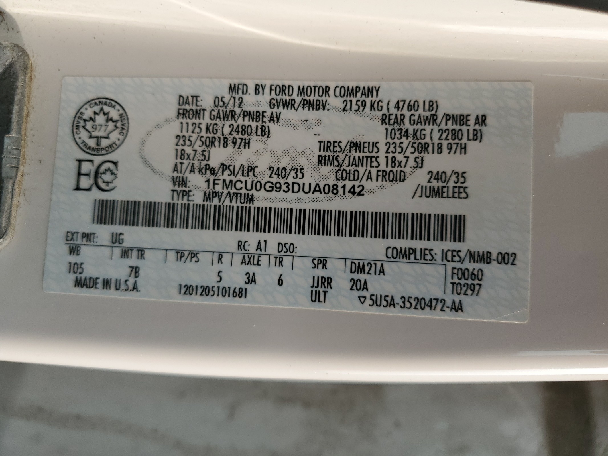 1FMCU0G93DUA08142 2013 Ford Escape Se