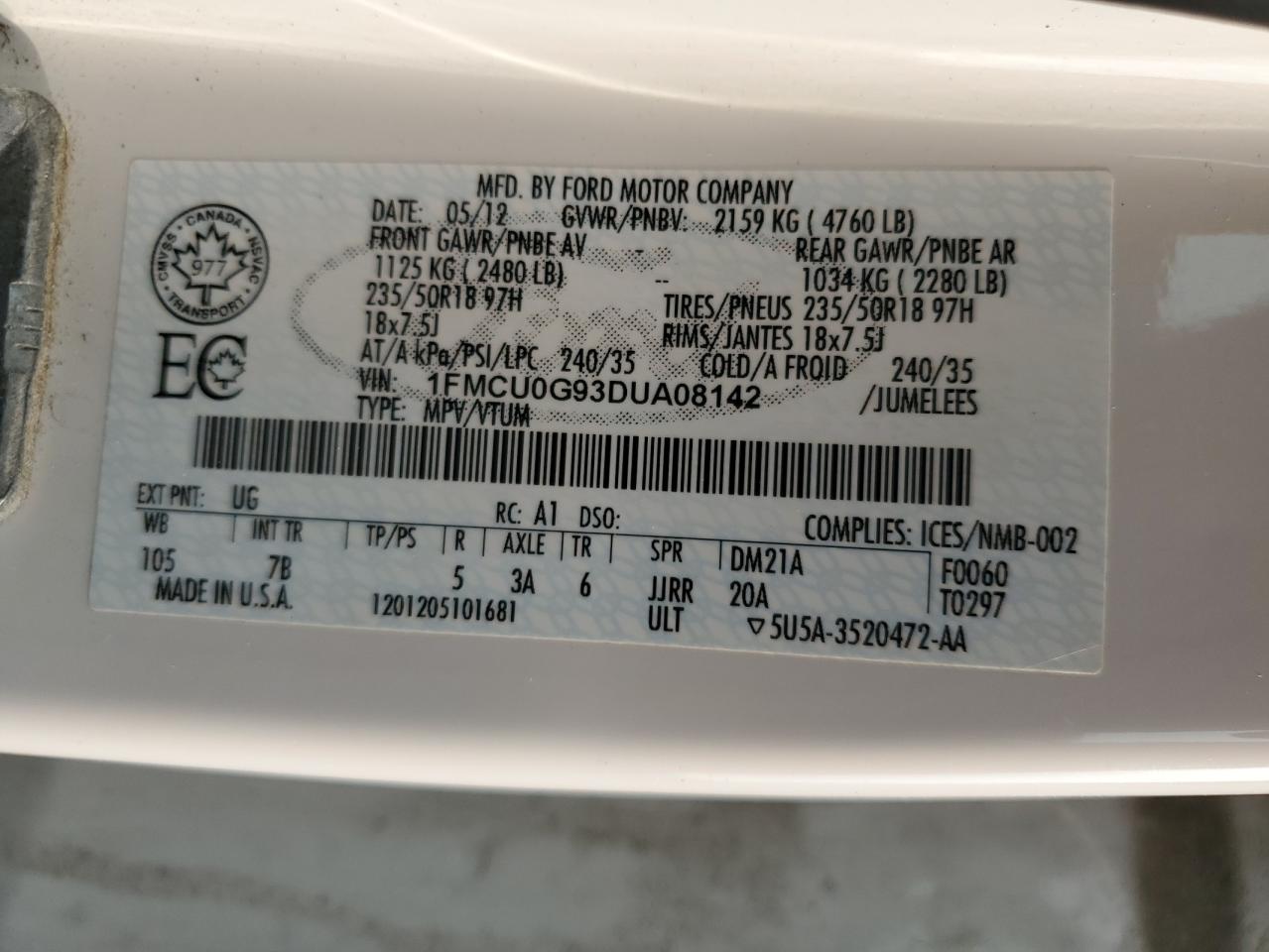 2013 Ford Escape Se VIN: 1FMCU0G93DUA08142 Lot: 65550884