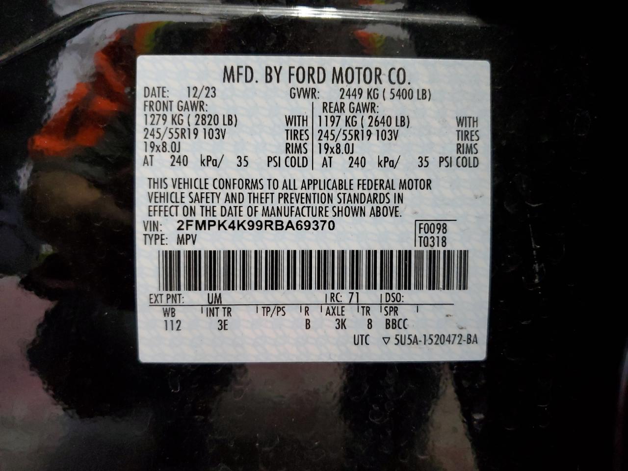 2024 Ford Edge Titanium VIN: 2FMPK4K99RBA69370 Lot: 67519454