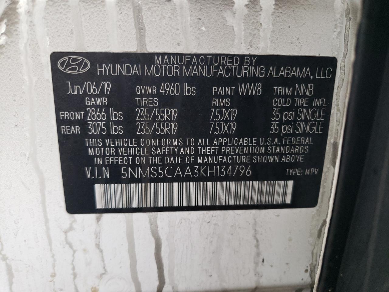 5NMS5CAA3KH134796 2019 Hyundai Santa Fe Limited