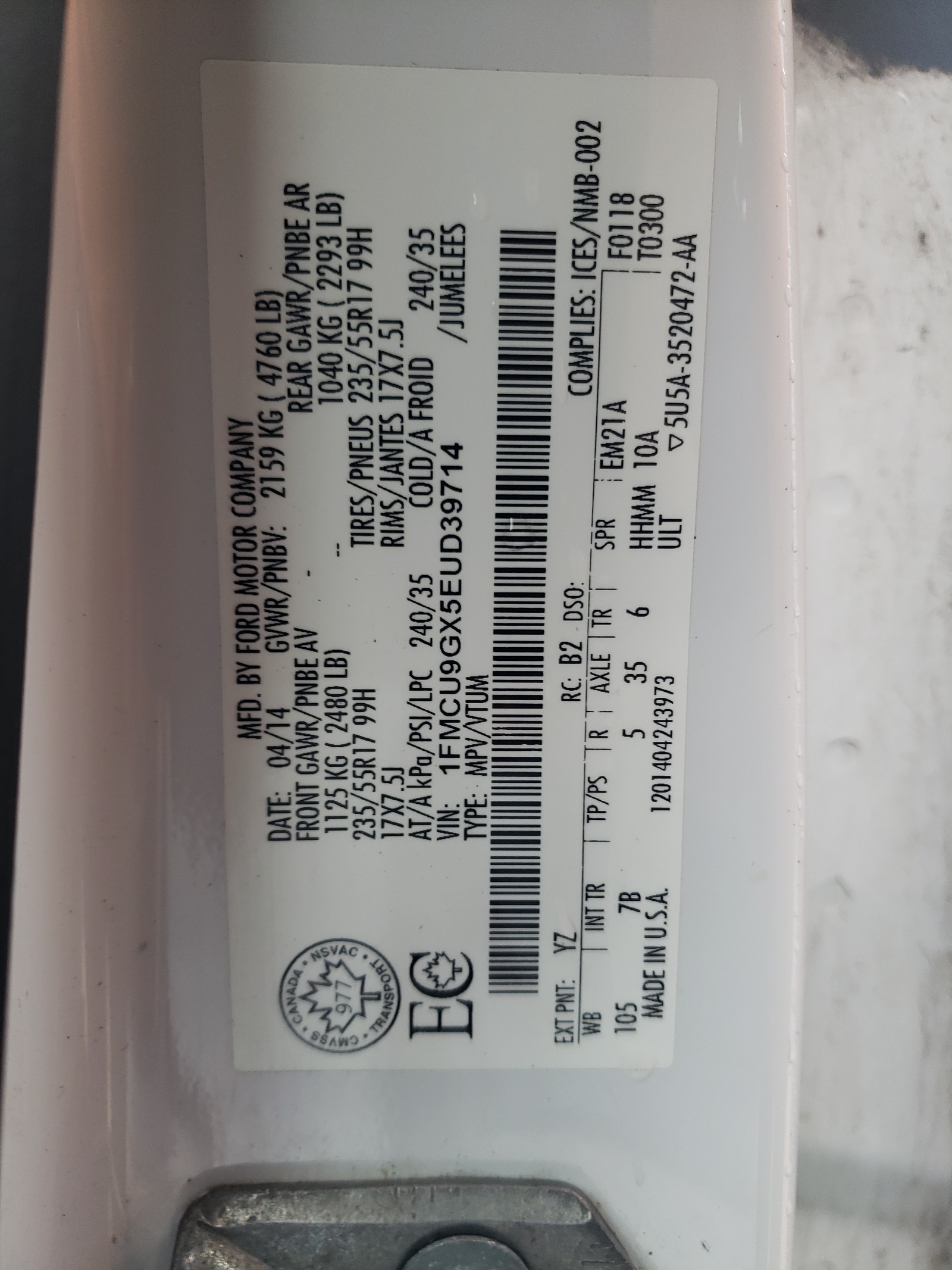 1FMCU9GX5EUD39714 2014 Ford Escape Se