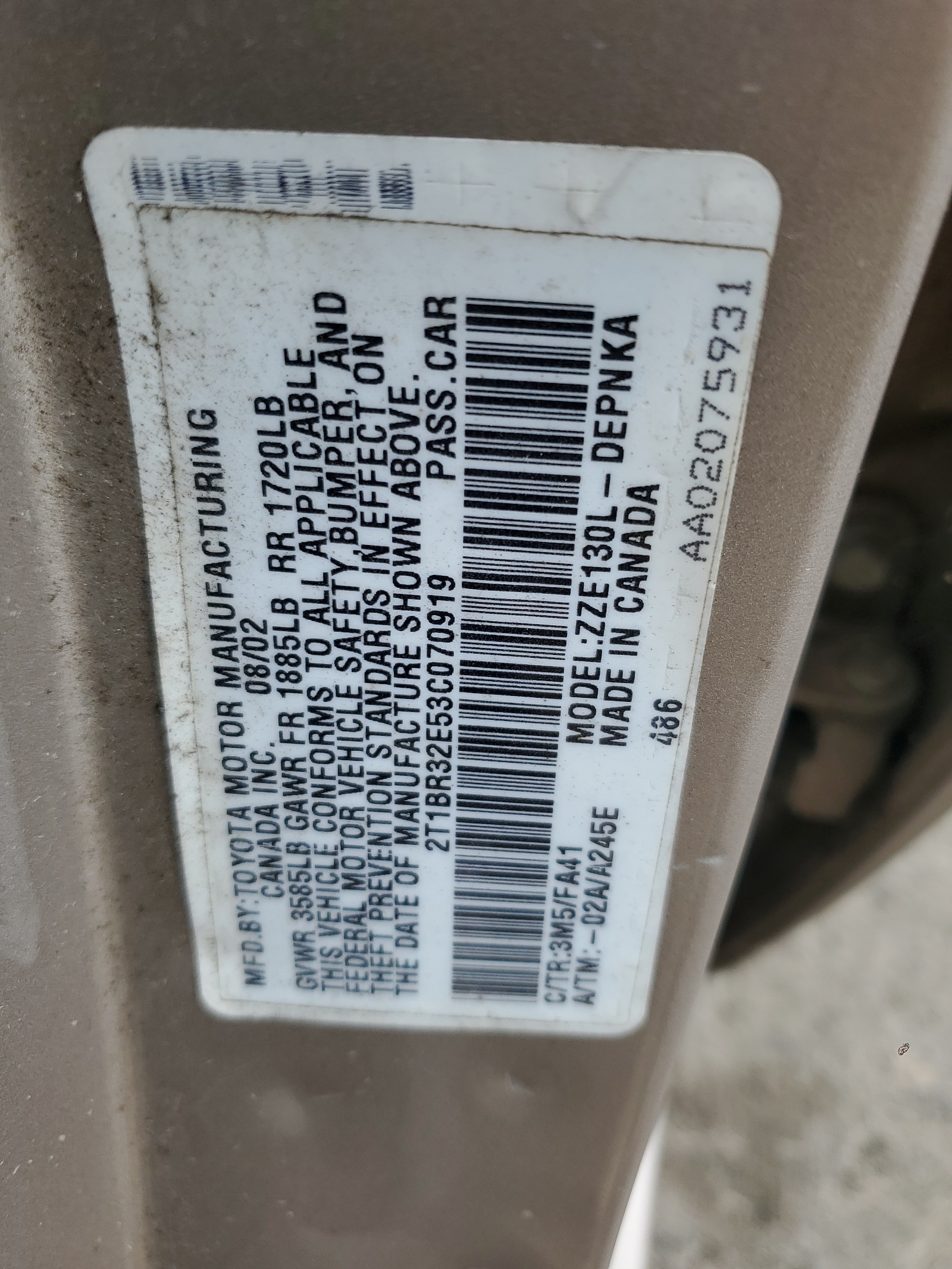 2T1BR32E53C070919 2003 Toyota Corolla Ce