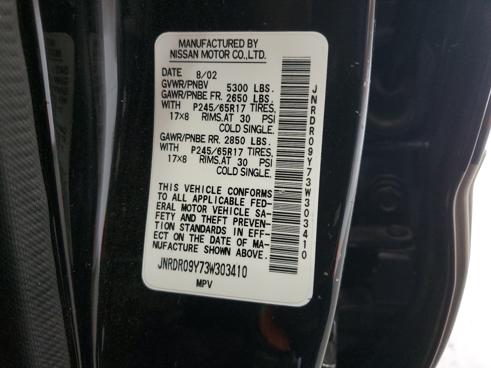 JNRDR09Y73W303410 2003 Infiniti Qx4