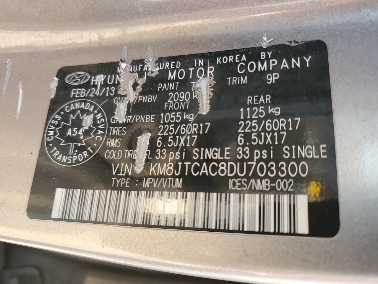 2013 Hyundai Tucson Gl VIN: KM8JTCAC8DU703300 Lot: 66576244