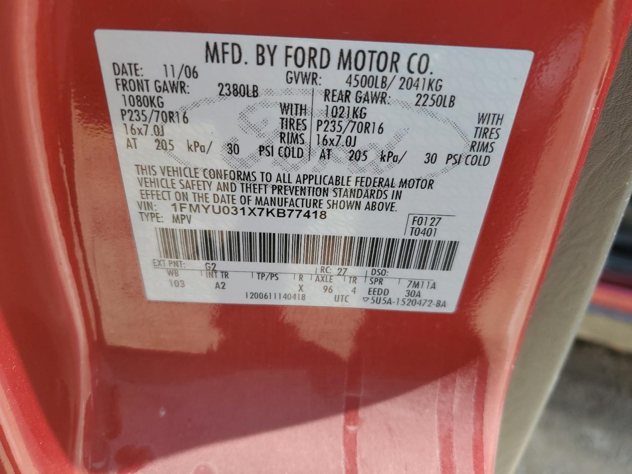 2007 Ford Escape Xlt VIN: 1FMYU031X7KB77418 Lot: 66569914