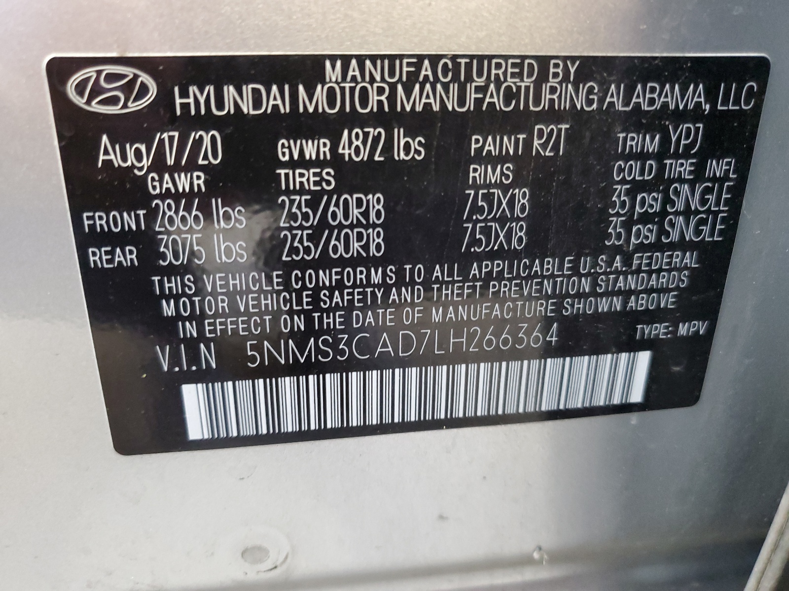 5NMS3CAD7LH266364 2020 Hyundai Santa Fe Sel