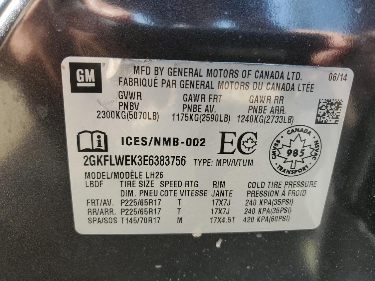 2014 GMC Terrain Sle VIN: 2GKFLWEK3E6383756 Lot: 66023144