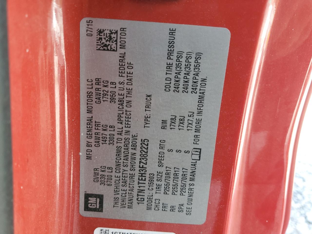 2015 GMC Sierra C1500 VIN: 1GTN1TEH3FZ382225 Lot: 66388824