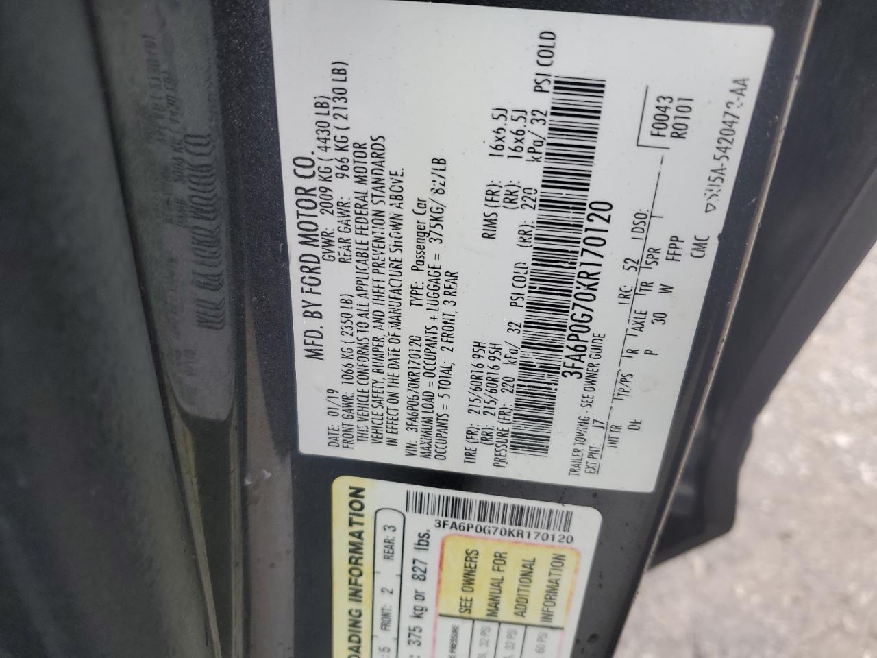 3FA6P0G70KR170120 2019 Ford Fusion S