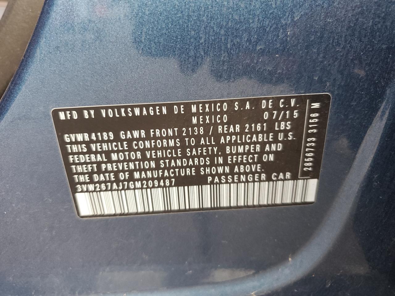 2016 Volkswagen Jetta S VIN: 3VW267AJ7GM209487 Lot: 66568534