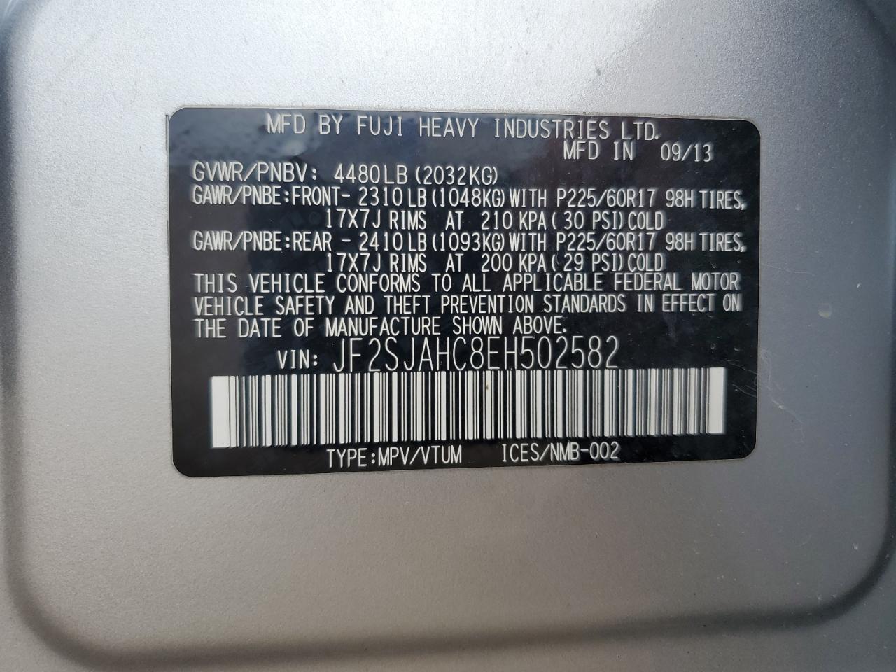 2014 Subaru Forester 2.5I Limited VIN: JF2SJAHC8EH502582 Lot: 66610104