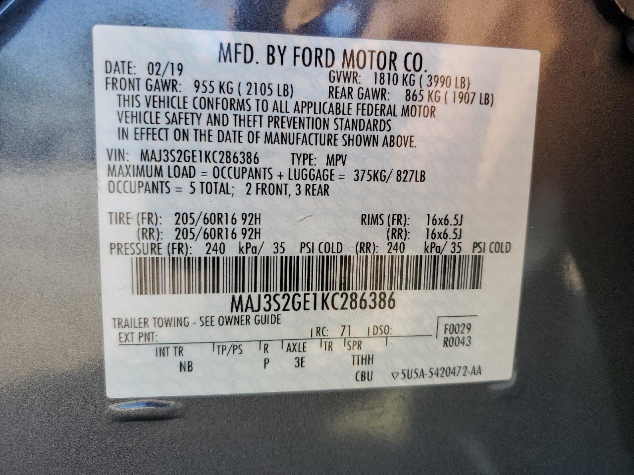 MAJ3S2GE1KC286386 2019 Ford Ecosport Se