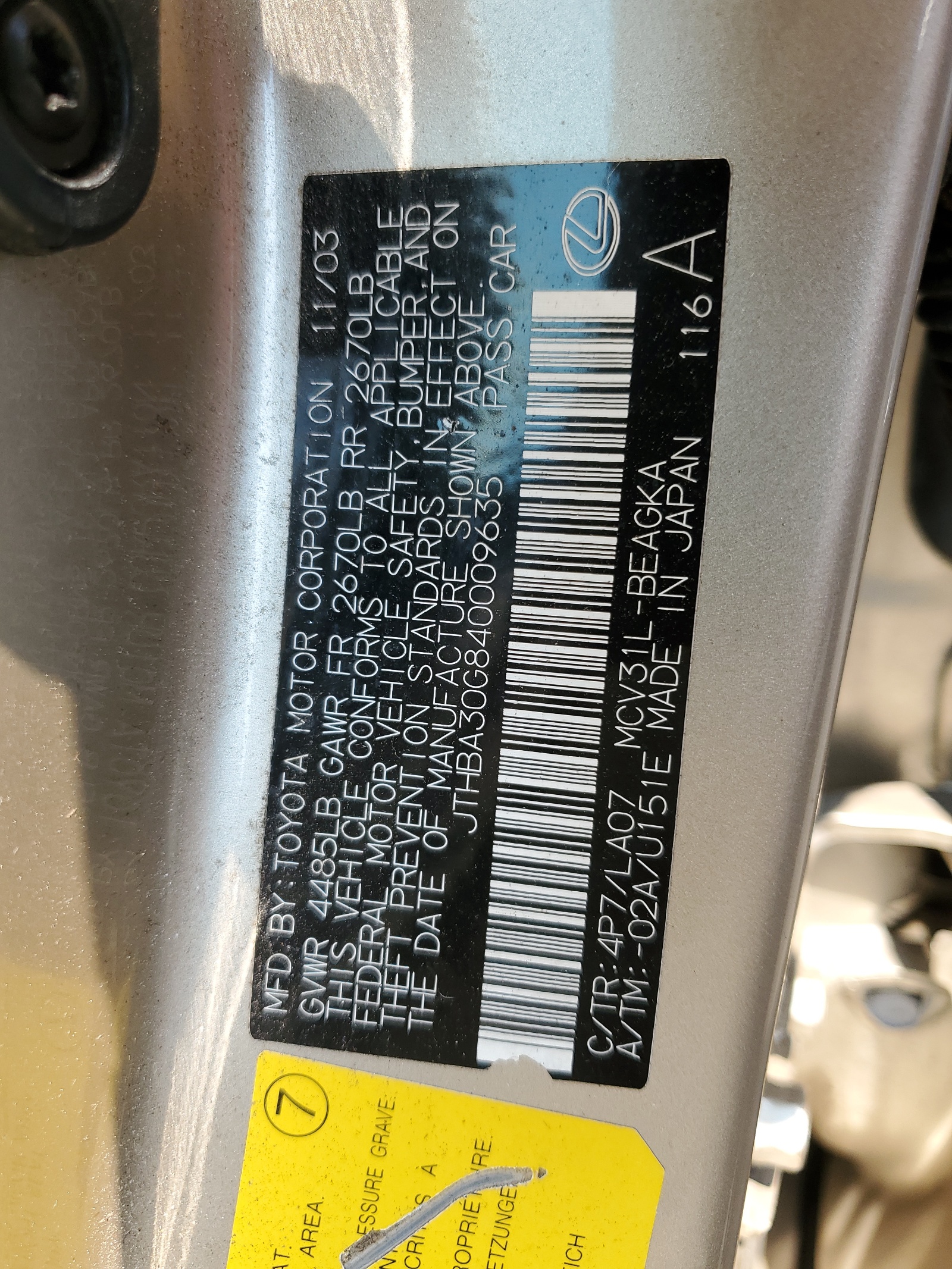 JTHBA30G840009635 2004 Lexus Es 330