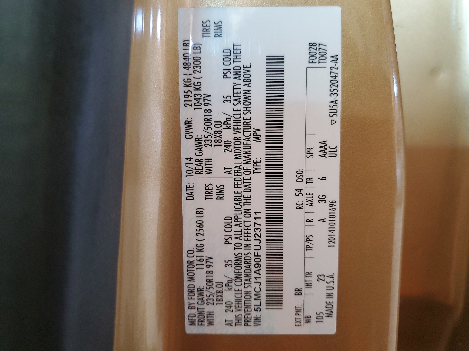 5LMCJ1A90FUJ23711 2015 Lincoln Mkc