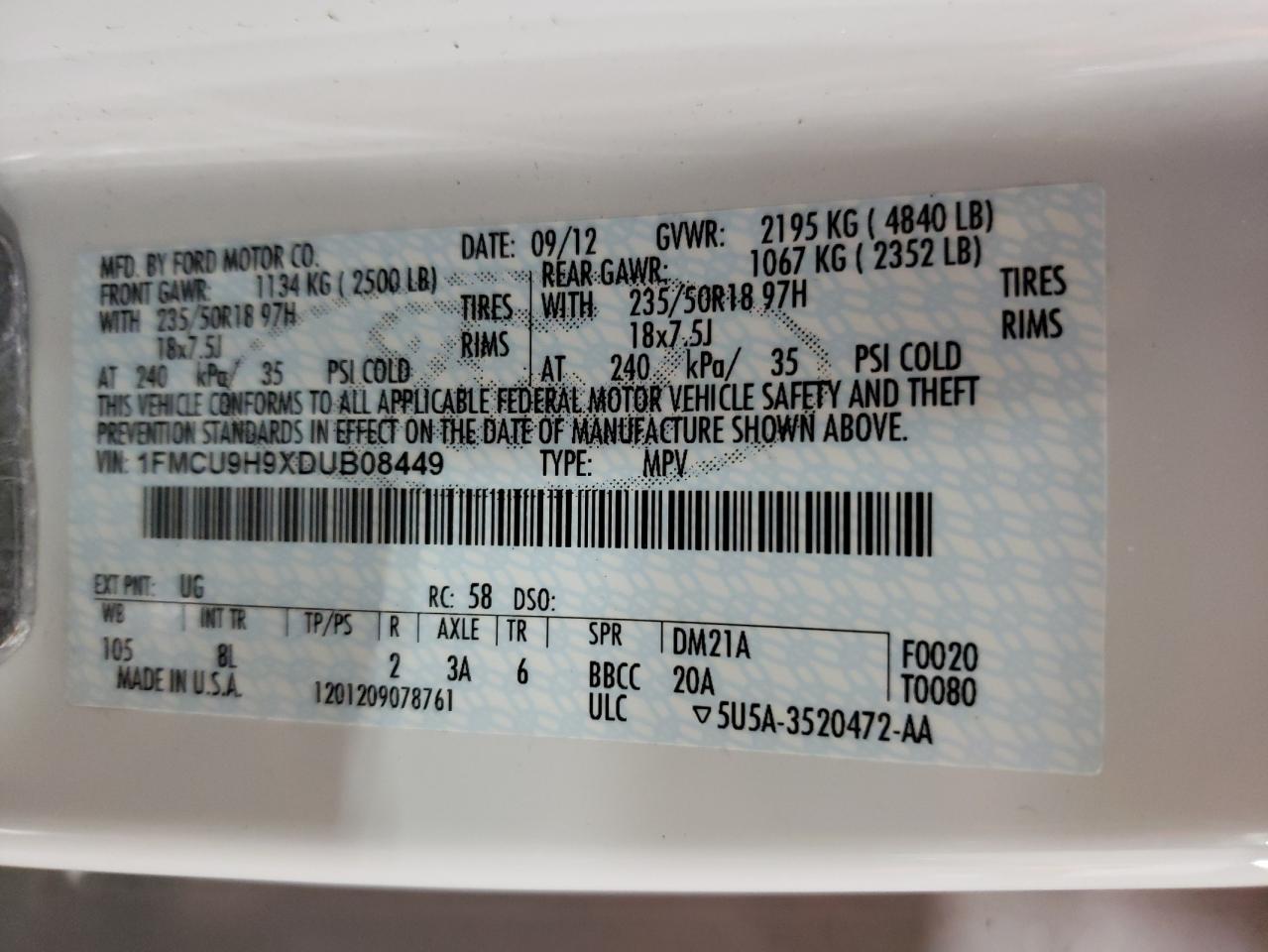 2013 Ford Escape Sel VIN: 1FMCU9H9XDUB08449 Lot: 67196694