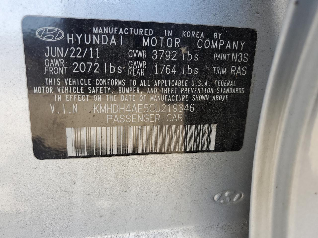2012 Hyundai Elantra Gls VIN: KMHDH4AE5CU219346 Lot: 68536584