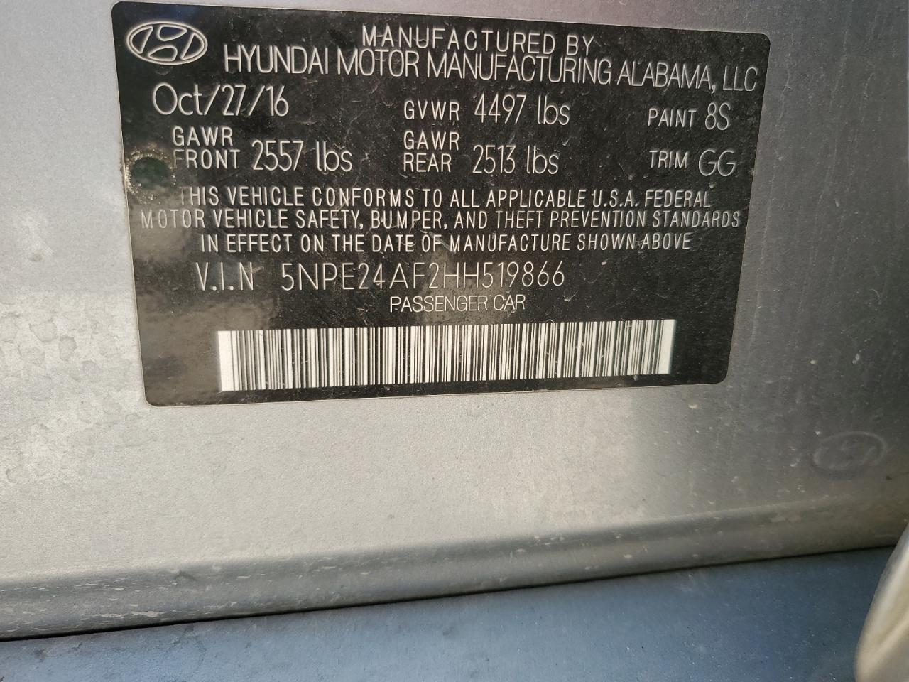 2017 Hyundai Sonata Se VIN: 5NPE24AF2HH519866 Lot: 65826204