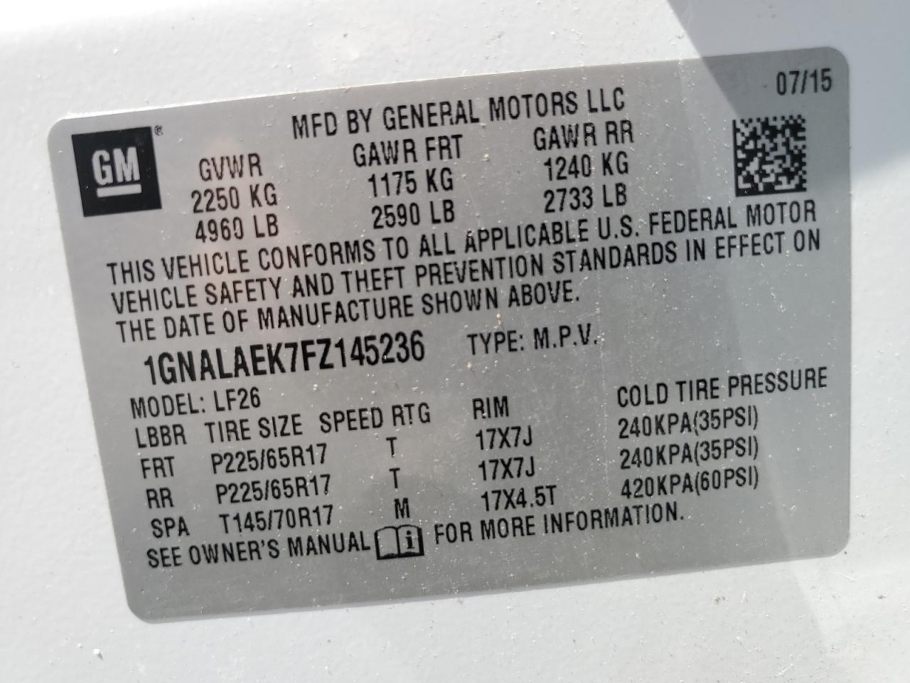 1GNALAEK7FZ145236 2015 Chevrolet Equinox Ls