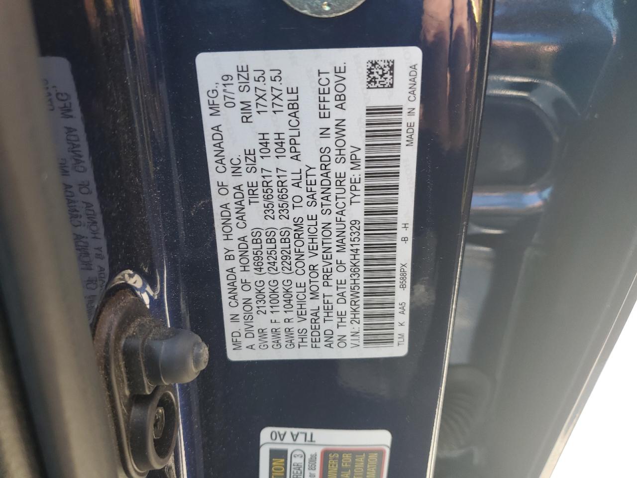 2HKRW5H36KH415329 2019 Honda Cr-V Lx