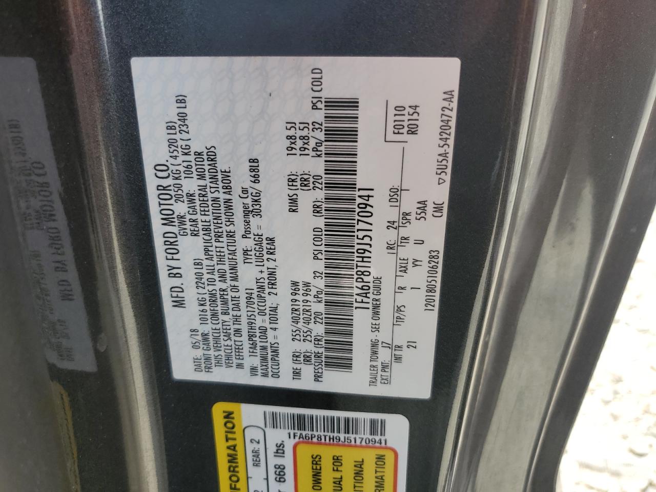 2018 Ford Mustang VIN: 1FA6P8TH9J5170941 Lot: 66793184