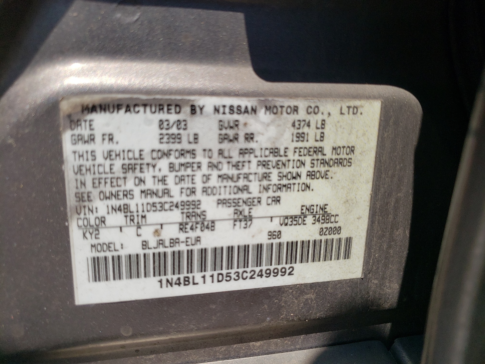 1N4BL11D53C249992 2003 Nissan Altima Se