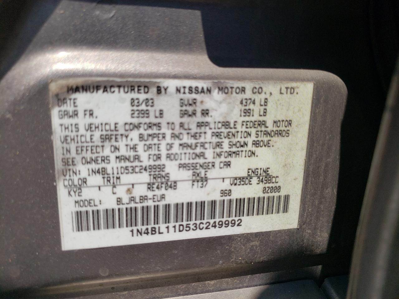 2003 Nissan Altima Se VIN: 1N4BL11D53C249992 Lot: 66663874