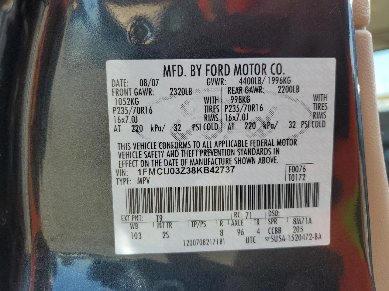 2008 Ford Escape Xlt VIN: 1FMCU03Z38KB42737 Lot: 67108984