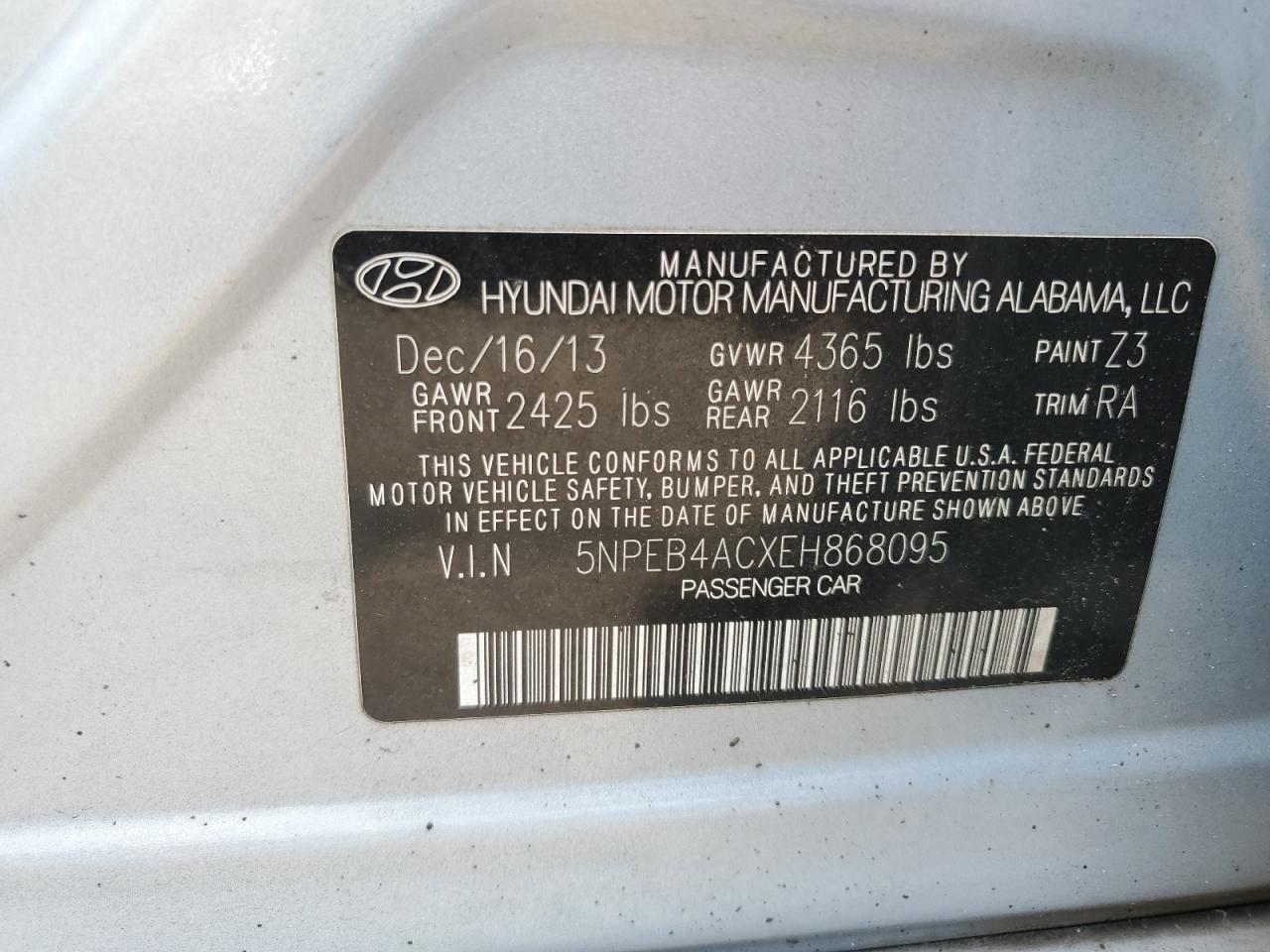 5NPEB4ACXEH868095 2014 Hyundai Sonata Gls