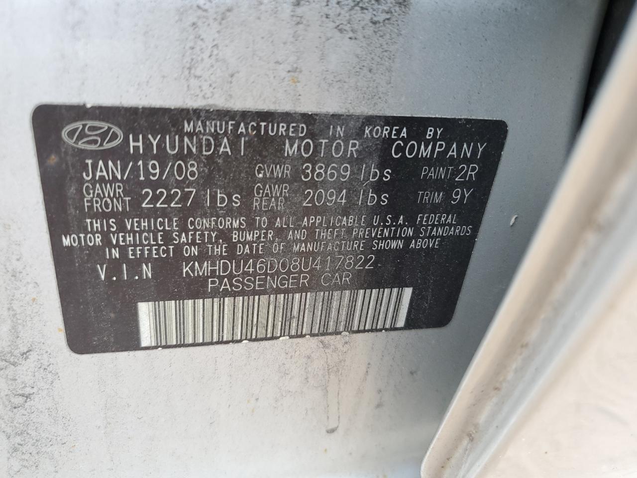 2008 Hyundai Elantra Gls VIN: KMHDU46D08U417822 Lot: 67326434