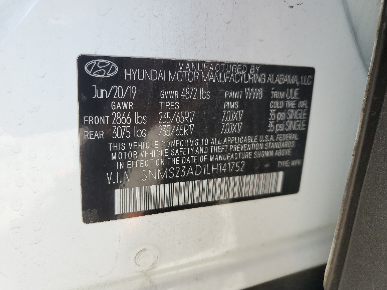 5NMS23AD1LH141752 2020 Hyundai Santa Fe Se